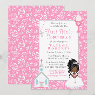 Eerste communiqué roze Floral Black Hair Skin Girl Kaart