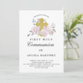 Eerste communiqué Roze Floral Gold Cross Kaart (Staand voorkant)