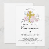 Eerste communiqué Roze Floral Gold Cross Kaart (Voorkant / Achterkant)