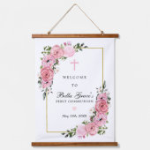 Eerste communiqué Roze Floral Keepomwille Welkomst Hangend Wandkleed (Voorkant)