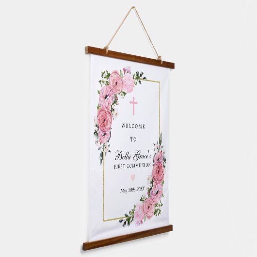Eerste communiqué Roze Floral Keepomwille Welkomst Hangend Wandkleed (Gebogen)