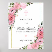 Eerste communiqué Roze Floral welkomstteken Poster (Voorkant)