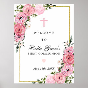 Eerste communiqué Roze Floral welkomstteken Poster