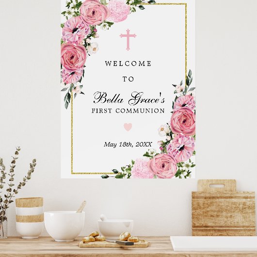 Eerste communiqué Roze Floral welkomstteken Poster (Keuken)