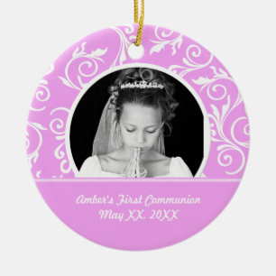 Eerste communiqué roze fotoversiering keramisch ornament