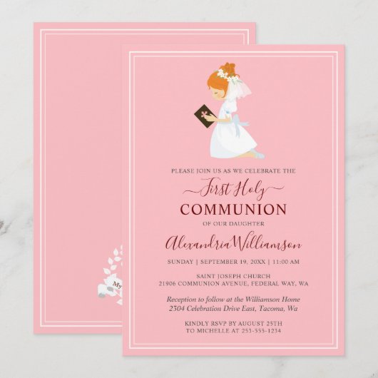 Eerste communiqué roze roze uitnodiging (Voorkant / Achterkant)