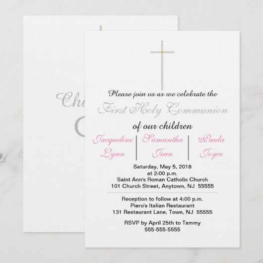 Eerste communiqué roze triplets kaart (Voorkant / Achterkant)