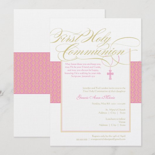 Eerste communiqué-uitnodiging - Roze 5 x 7 Kaart (Voorkant / Achterkant)