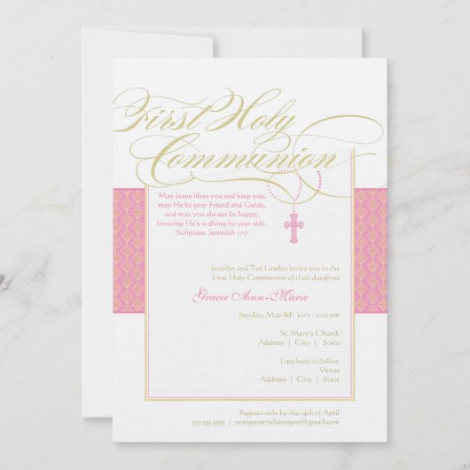 Eerste communiqué-uitnodiging - Roze 5 x 7 Kaart (Voorkant)