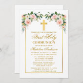 Eerste communiqué Waterverf Roze Blush Floral Gold Kaart (Voorkant / Achterkant)