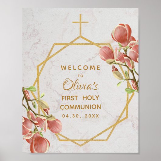 Eerste communiqué Welkom Roze Magnolia Gold Floral Poster (Voorkant)