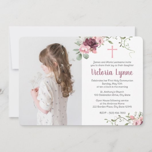 Eerste communiqué Zachte Roze Floral met foto Kaart (Voorkant)