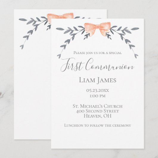 Eerste communiqué, zilver laat peach bow kaart (Voorkant / Achterkant)