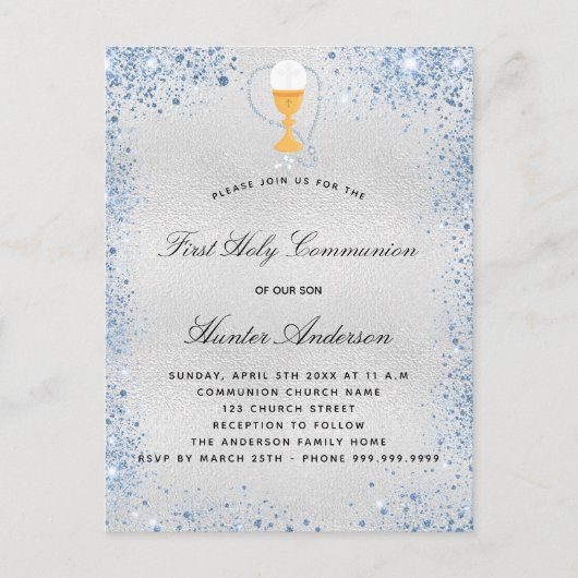 Eerste communiqué zilverblauwe jongen uitnodiging briefkaart (Voorkant)