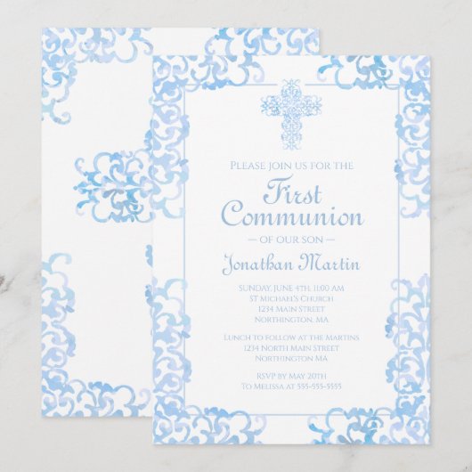Eerste Communistische Cross Blue Damask Christelij Kaart (Voorkant / Achterkant)