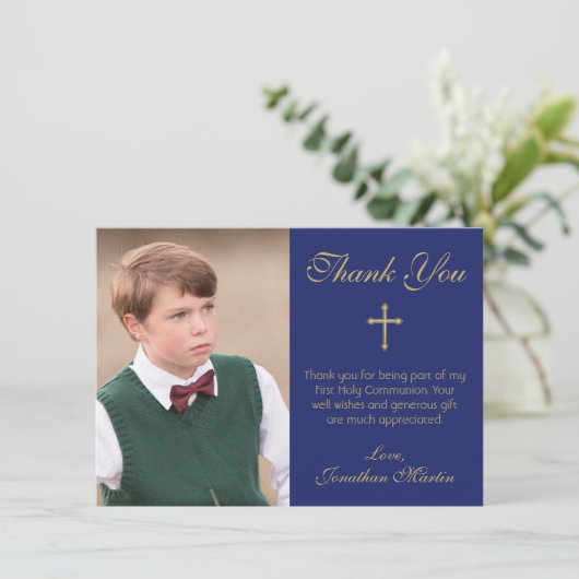 Eerste communityfoto met Simple Gold Cross Blue Bedankkaart (Staand voorkant)