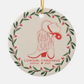 Eerste Cowgirl Kerst Schattigee cowboylaarzen Keramisch Ornament (Voorkant)