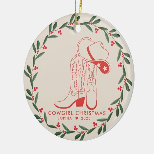 Eerste Cowgirl Kerst Schattigee cowboylaarzen Keramisch Ornament (Links)