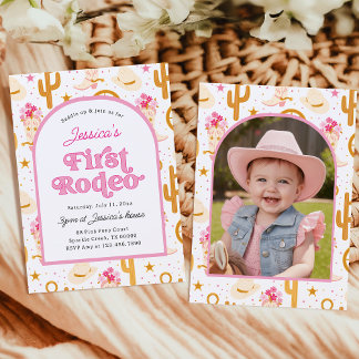 Eerste Cowgirl Rodeo Foto Roze 1e Verjaardagsfeest Kaart