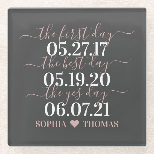 Eerste Dag Beste Dag Ja Dag Trouwdatum Cadeau Glazen Onderzetter (Voorkant)