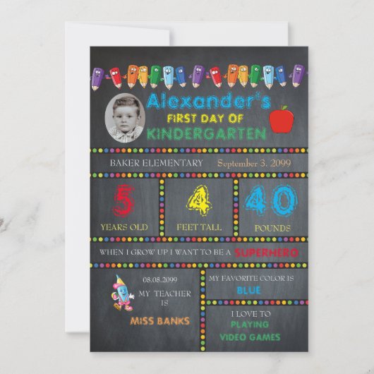 Eerste dag Kindergarten fotokaart BOY, Chalkboard Aankondiging (Voorkant)