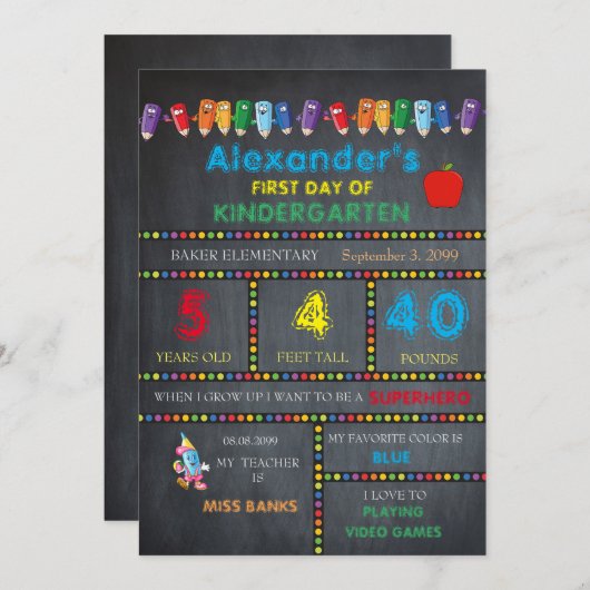Eerste dag Kindergarten-kaart BOY, Chalkboard Aankondiging (Voorkant / Achterkant)