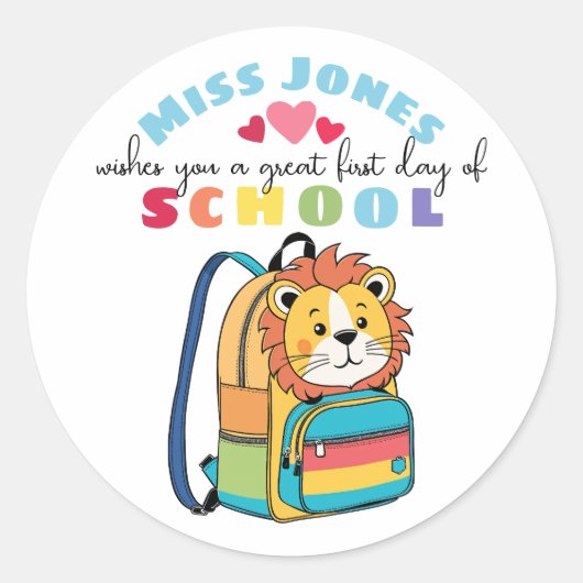Eerste Dag Leeuw Rugzak Welkom Leraar Ronde Sticker (Voorkant)