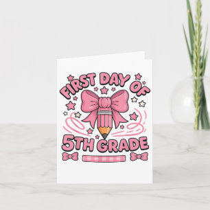 Eerste dag van de 5e klas roze potlood boog meisje kaart