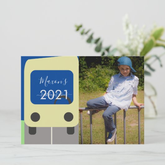 Eerste dag van de gele schoolbusfotokaart kaart (Staand voorkant)