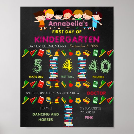 Eerste dag van de Kindergarten Sign GIRL, Black & Poster (Voorkant)