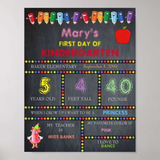 Eerste dag van de Kindergarten Sign GIRL, Chalkboa Poster (Voorkant)