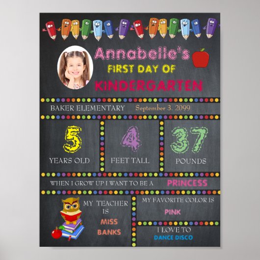 Eerste dag van de Kindergarten Sign GIRL, Chalkboa Poster (Voorkant)