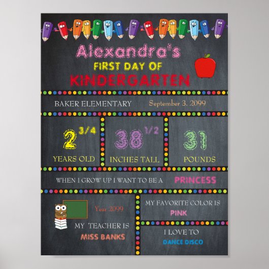 Eerste dag van de Kindergarten Sign GIRL, Chalkboa Poster (Voorkant)