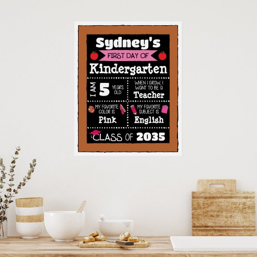 Eerste dag van de klas Tekens Student Art - Roze Poster (Keuken)