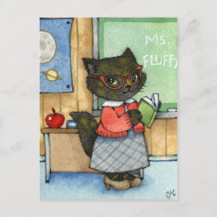 Eerste dag van de school - Cute Teacher Cat Art Briefkaart