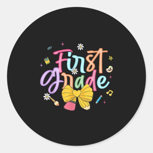 Eerste Dag Van Eerste Klas Coquette Strik Potlood  Ronde Sticker (Voorkant)