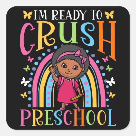 Eerste dag van het schoolzwarte meisje terug naar  vierkante sticker (Voorkant)