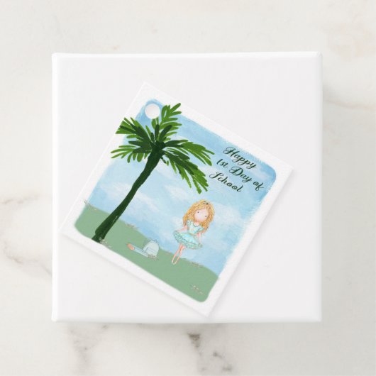 Eerste dag van schoollichthuidmeisje bedankjes labels (In situ)