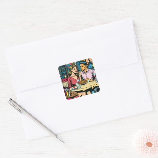Eerste Datum | Spaghettisdiner Vierkante Sticker (Envelop)