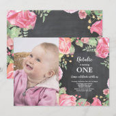 Eerste eerste uitnodiging op zaterdag Roze Floral (Voorkant / Achterkant)