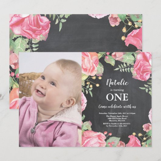 Eerste eerste uitnodiging op zaterdag Roze Floral (Voorkant / Achterkant)