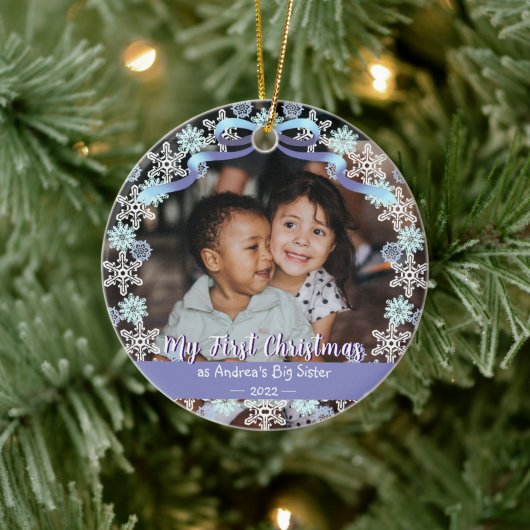 Eerste Erasmus oma Snowflakes Ribbon Light Blue Keramisch Ornament (Boom)