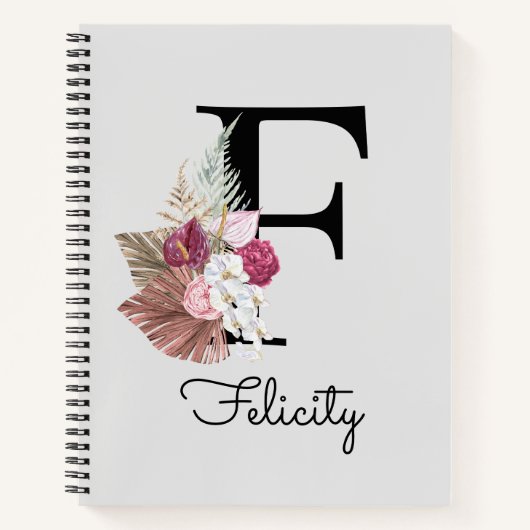 Eerste F gemerkte roze boho bloemstuk Notitieboek (Voorkant)