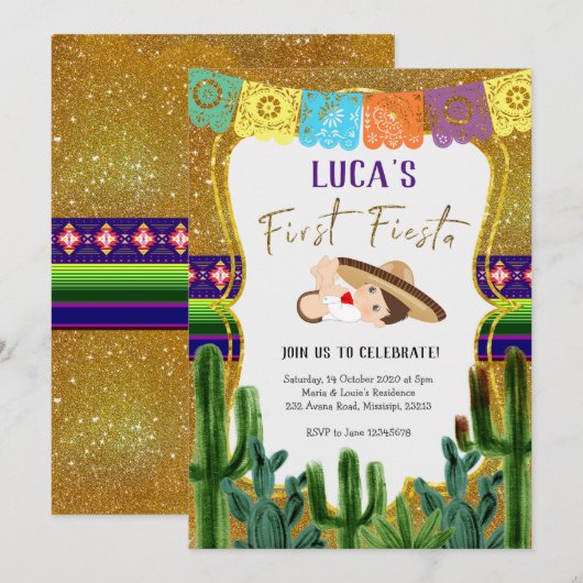 Eerste Fiesta Charro Boy verjaardagsuitnodiging Kaart (Voorkant / Achterkant)