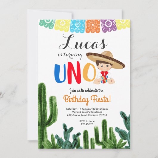 Eerste Fiesta UNO Cactus Verjaardag uitnodiging (Voorkant)