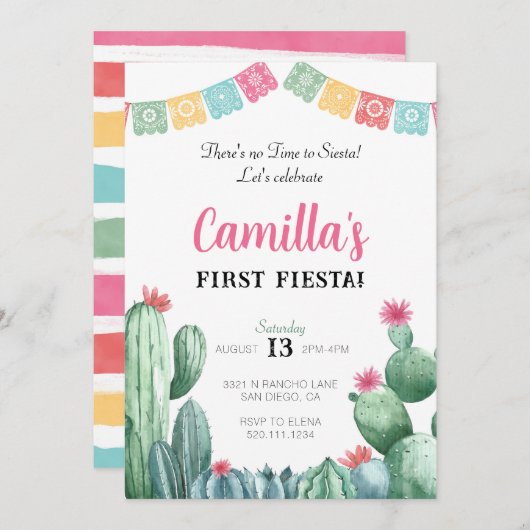 Eerste Fiesta verjaardagsfeest Cactus Uitnodiging (Voorkant / Achterkant)