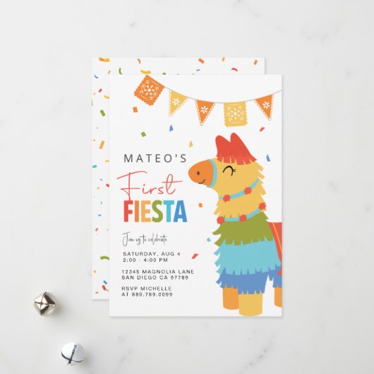 Eerste Fiesta verjaardagsuitnodiging · Piñata Feestdagenkaart (Voorkant / Achterkant in situ)