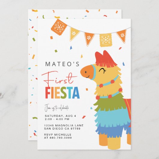 Eerste Fiesta verjaardagsuitnodiging · Piñata Feestdagenkaart (Voorkant / Achterkant)