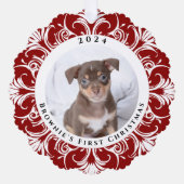 Eerste foto rode hond met kerst ornament kaart (Voorkant)