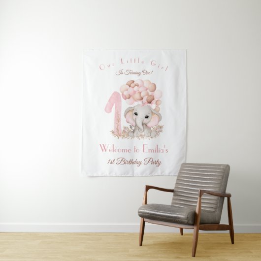 Eerste geboorte Girl Elephant Welcome Sign Tapestr Wandkleed (In situ)